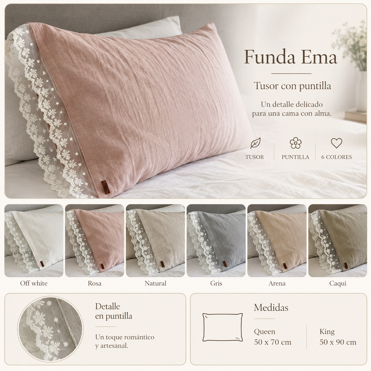 Funda Ema de tusor con detalle en puntilla disponible en seis colores